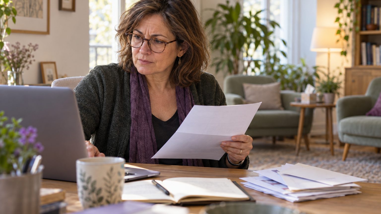 Une psychologue consulte le courrier d’un fournisseur à son bureau, entre deux rendez-vous.