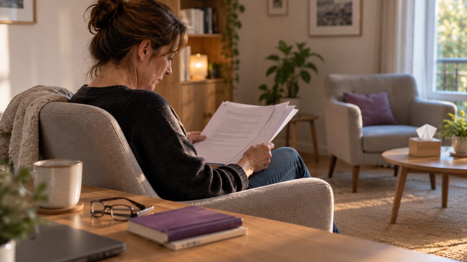 Une psychologue, seule dans son cabinet en fin de journée, lit les pages d’une nouvelle convention étalées sur son bureau.