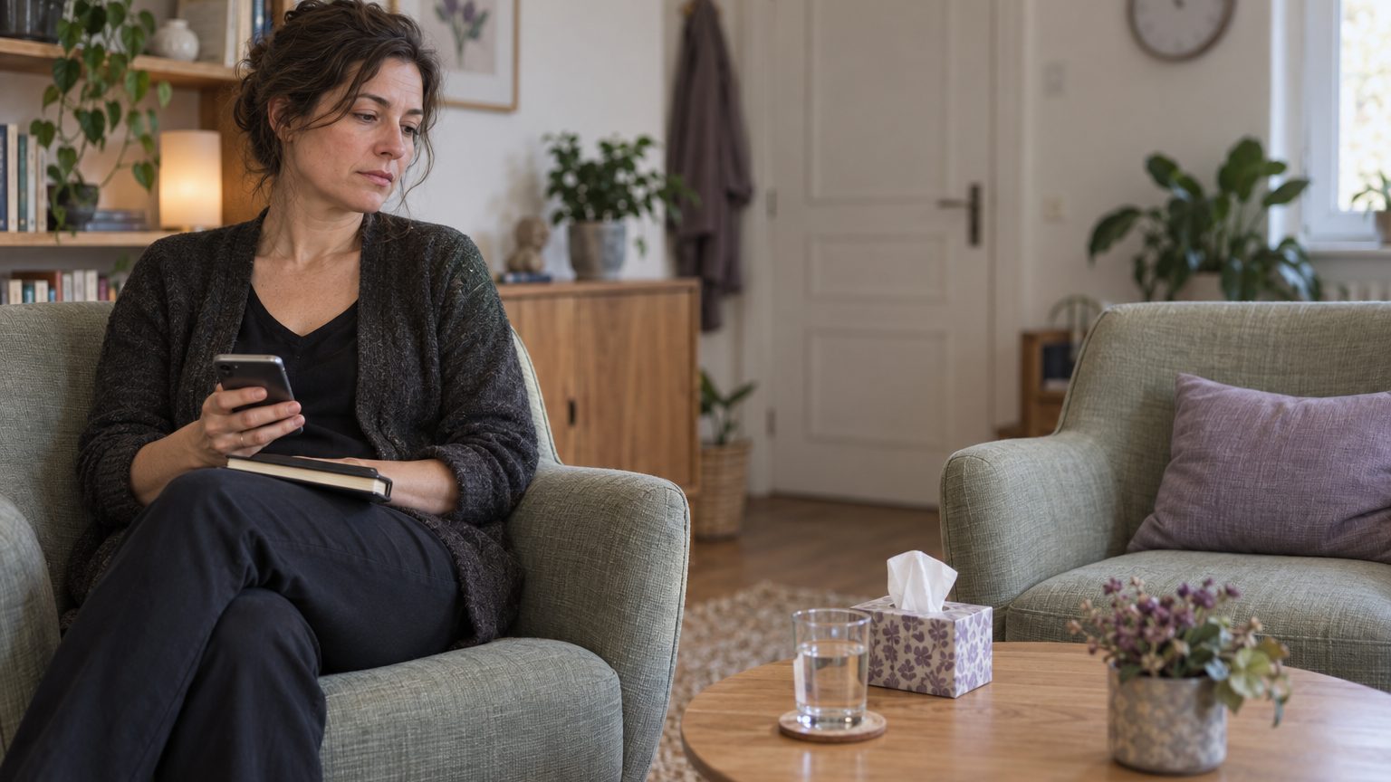 Une psychologue attend dans son cabinet, face au fauteuil vide de son patient, son téléphone à la main.