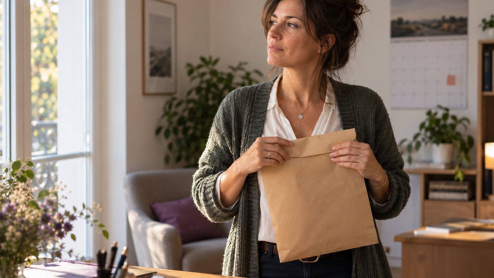 Une psychologue debout à son bureau referme une grande enveloppe kraft remplie de documents.