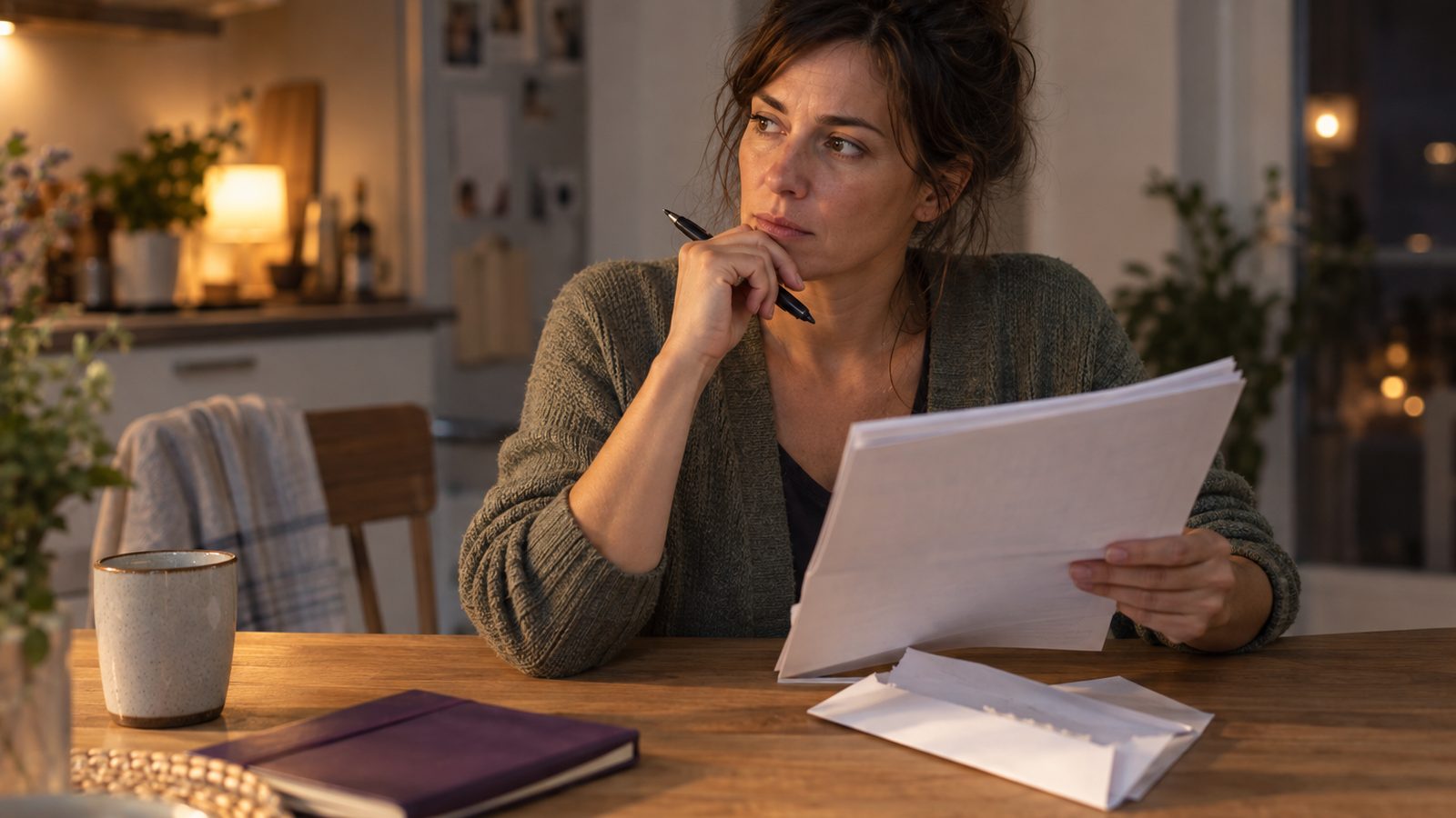 Une psychologue, le soir chez elle, relève les yeux d’un courrier officiel, un stylo entre les doigts.